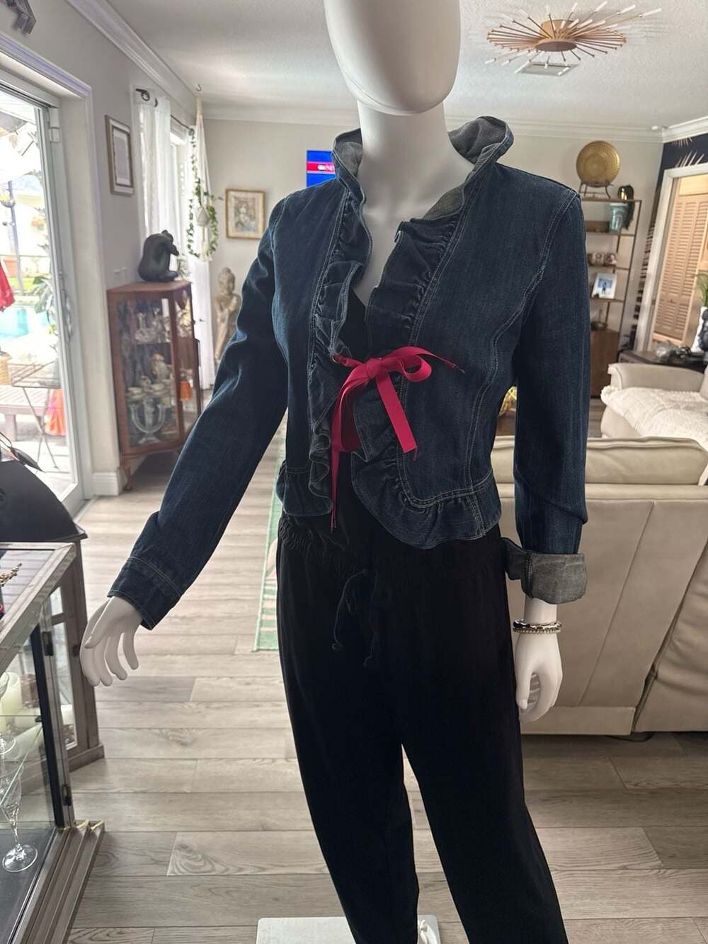 Armani Exchange Ruffle Trim Denim Jacket with Pink Ribbon Tie